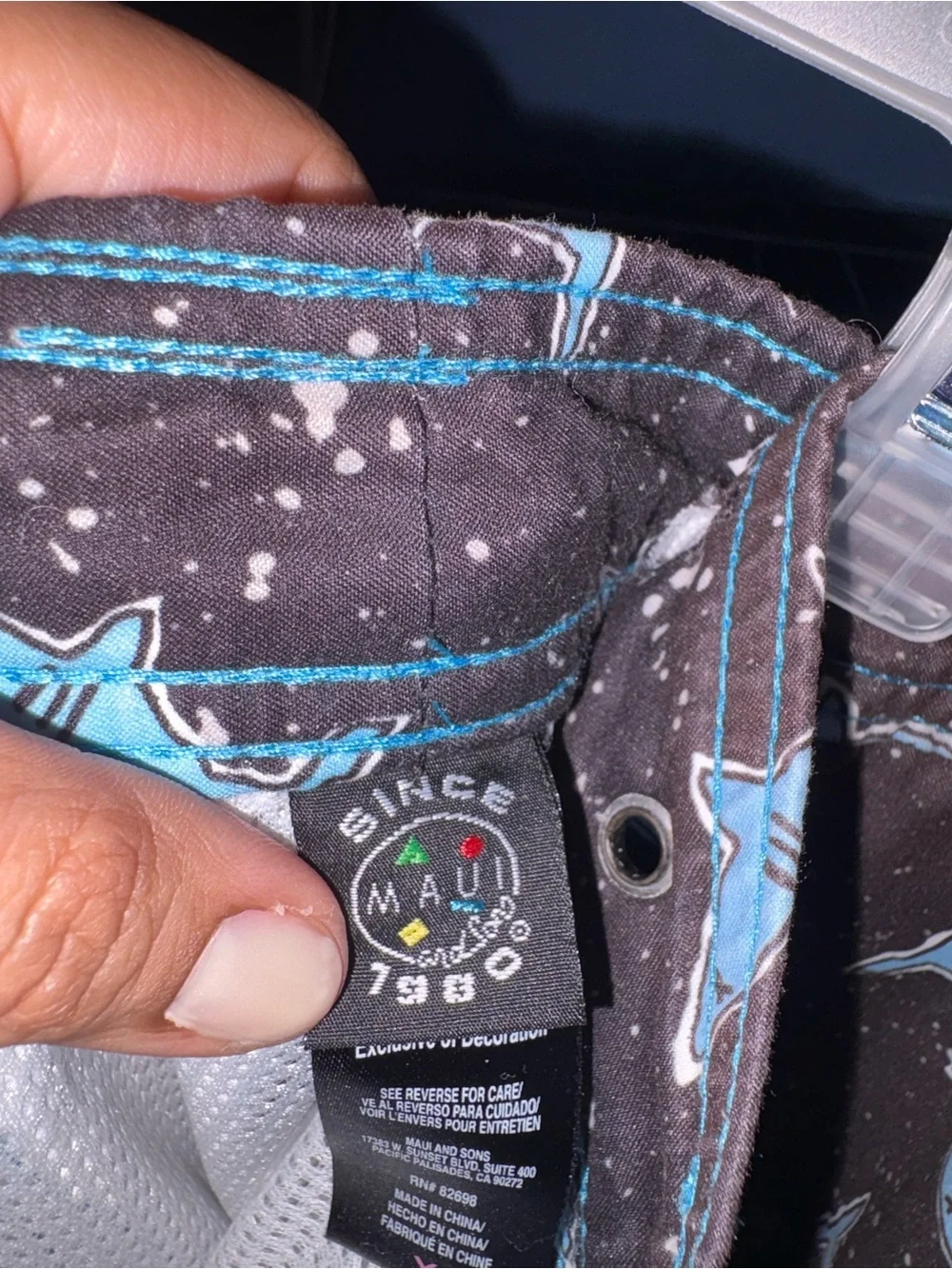 MAUI Athletics Men's Black, Light Blue & Pink Shark Print Swim Trunks